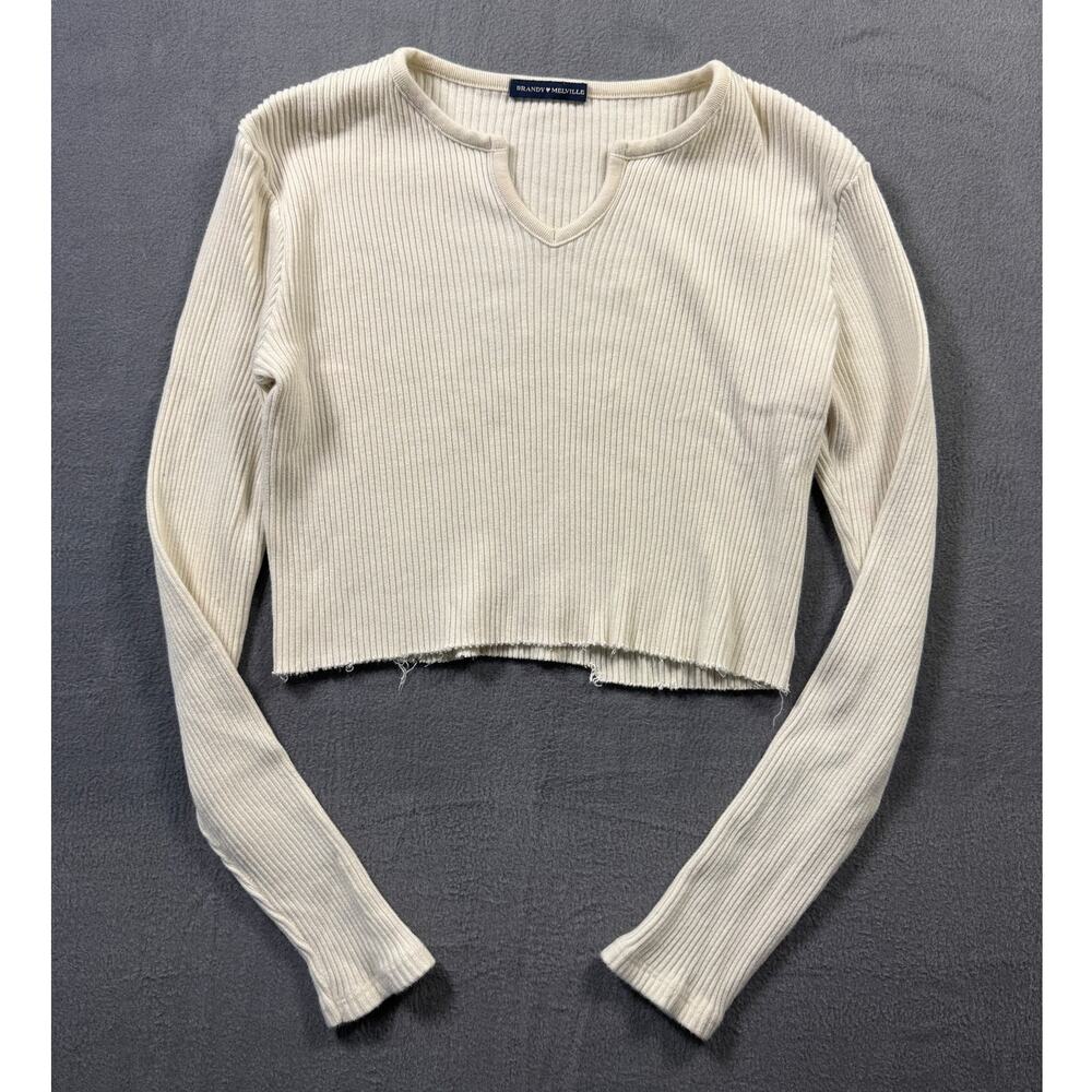 Brandy Melville Ribbed Cropped Long Sleeve Shirt Blouse Cream Size Small (check)